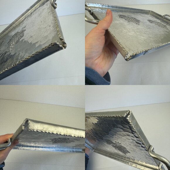 Vtg Hammercraft Hand Hammered Aluminum Serving Tray Handles Grape Design Texture - Picture 4 of 11
